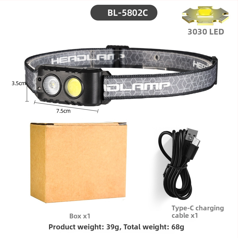 Galvos žibintas COB LED, USB įkrovimas, lauko sportui, 50 m spindulio nuotolis, veikimo laikas 3–6 val., elastinė galvos juosta