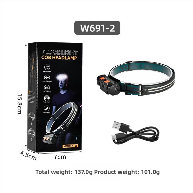 Fener LED pentru cap, pentru exterior, pescuit și camping, încărcare USB-C, 10W, baterie 1200mAh, rotație 360°, fascicul de zoom, rază 200–500 m