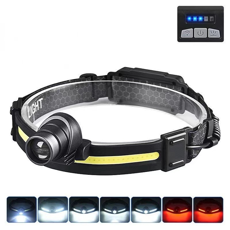 Fener LED pentru cap, pentru exterior, pescuit și camping, încărcare USB-C, 10W, baterie 1200mAh, rotație 360°, fascicul de zoom, rază 200–500 m