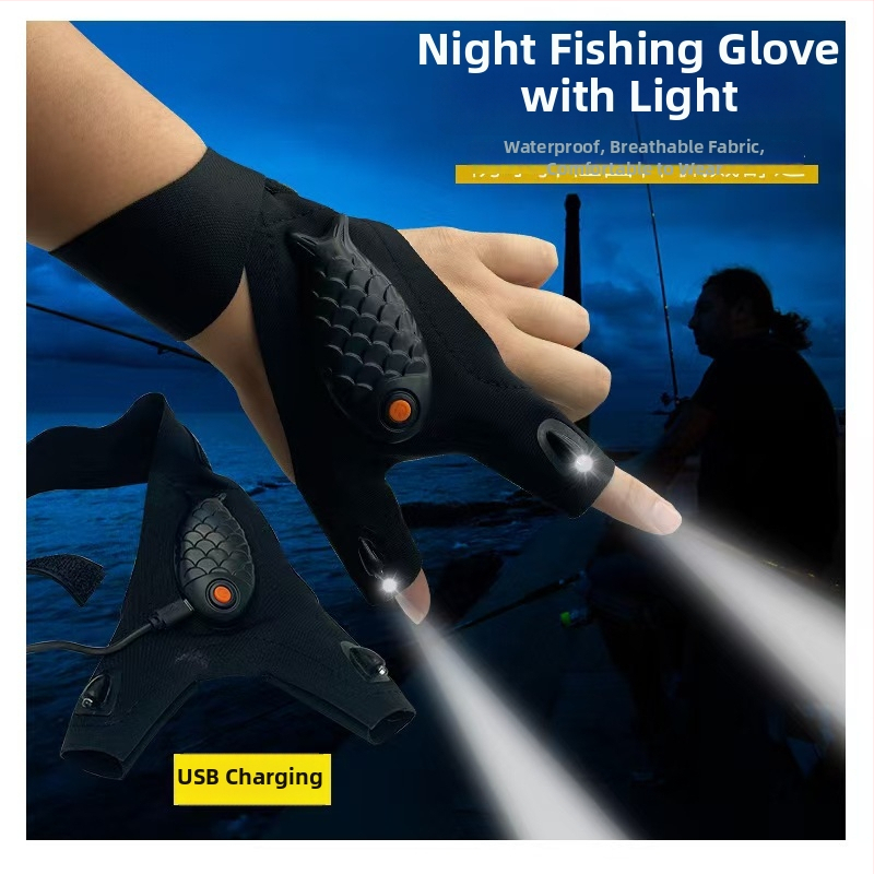 Rukavice s LED svetlom pre rybárčenie, elastomérová tkanina, batériové napájanie, dýchajúce, ľavá alebo pravá ruka, LED osvetlenie, dosah do 50 m