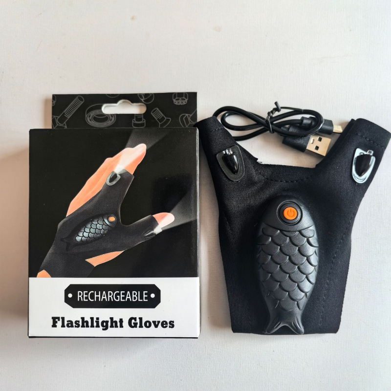 Elastomerinio audinio LED pirštinių žvejybai, su baterijomis, kvėpuojančios, kairė/ dešinė rankos variantai, LED apšvietimas, diapazonas iki 50 m