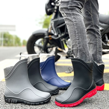 Vīriešu lietus zābaki vidēja garuma, plastmasas augšdaļa un zole, kokvilnas iekšējā zole, bez oderes, visām sezonām.