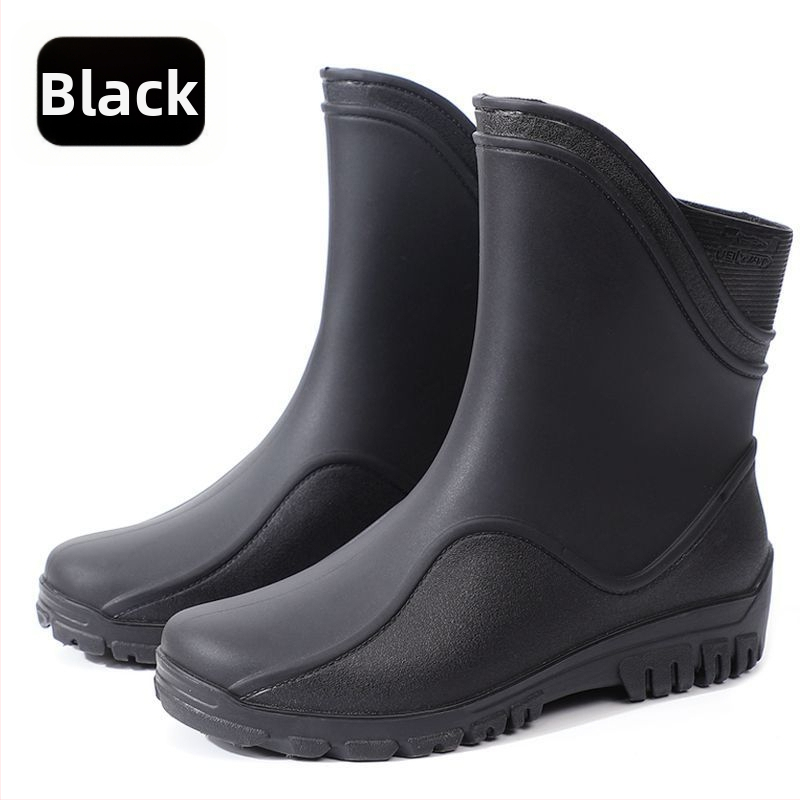 Vīriešu lietus zābaki vidēja garuma, plastmasas augšdaļa un zole, kokvilnas iekšējā zole, bez oderes, visām sezonām.