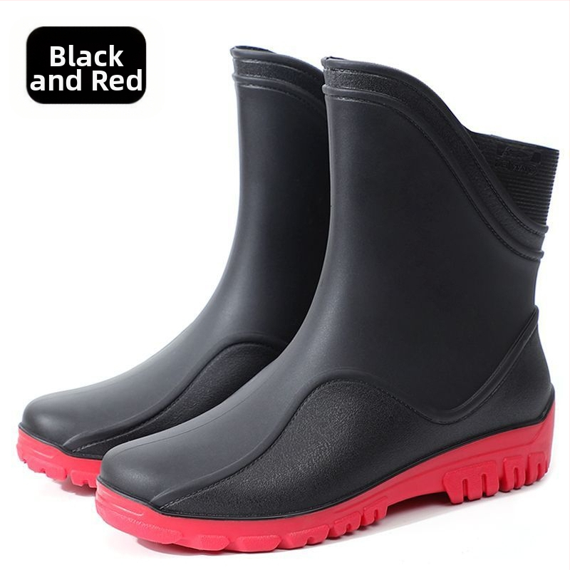 Vīriešu lietus zābaki vidēja garuma, plastmasas augšdaļa un zole, kokvilnas iekšējā zole, bez oderes, visām sezonām.