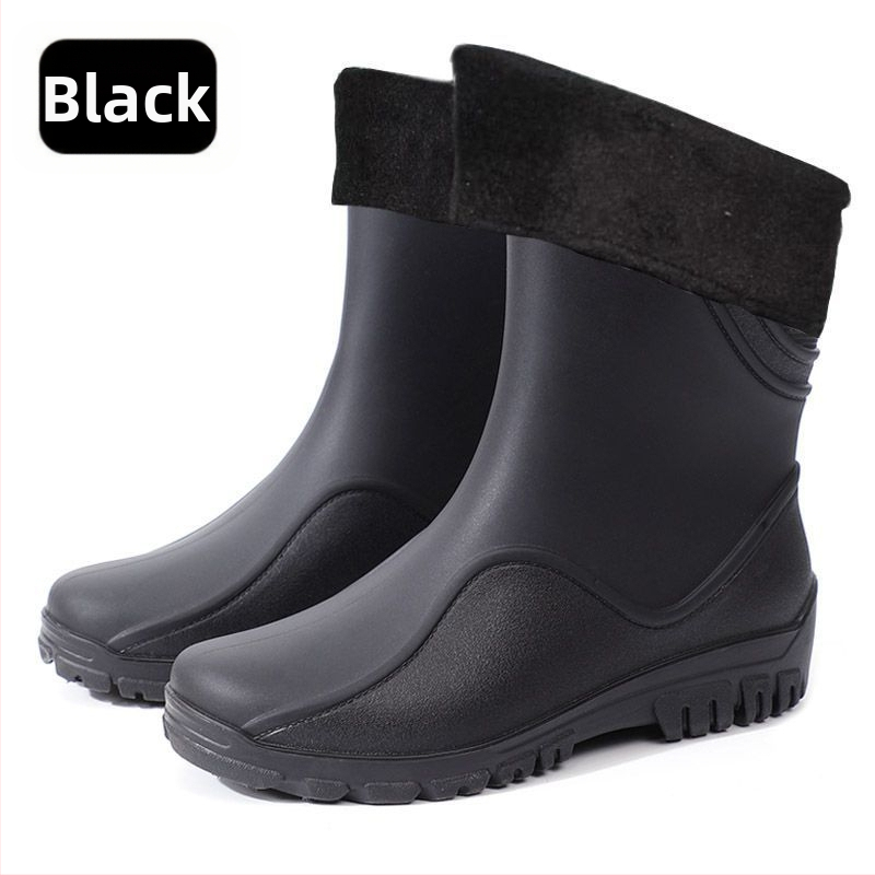 Vīriešu lietus zābaki vidēja garuma, plastmasas augšdaļa un zole, kokvilnas iekšējā zole, bez oderes, visām sezonām.