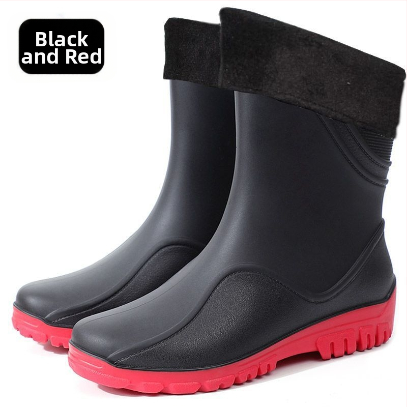 Vīriešu lietus zābaki vidēja garuma, plastmasas augšdaļa un zole, kokvilnas iekšējā zole, bez oderes, visām sezonām.