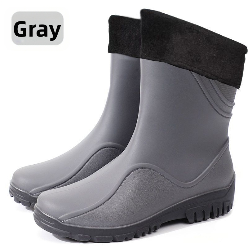 Vīriešu lietus zābaki vidēja garuma, plastmasas augšdaļa un zole, kokvilnas iekšējā zole, bez oderes, visām sezonām.