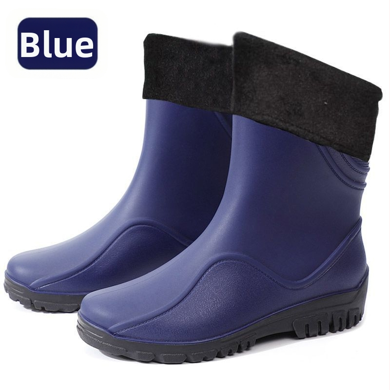 Vīriešu lietus zābaki vidēja garuma, plastmasas augšdaļa un zole, kokvilnas iekšējā zole, bez oderes, visām sezonām.