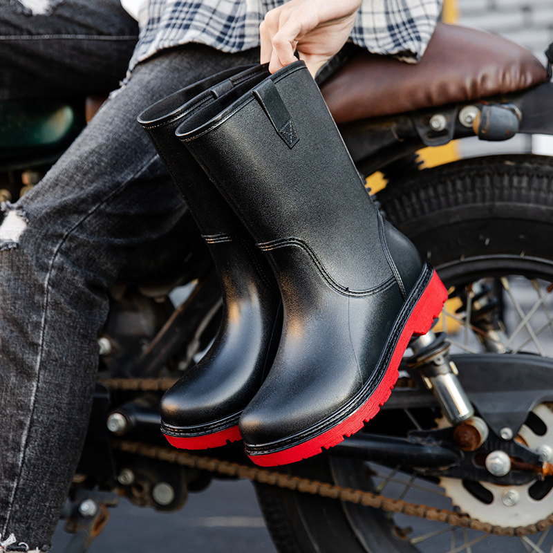 Vīriešu lietus zābaki ar augstu augšdaļu, PVC augšējā daļa, EVA iekšējā zole, sietu oderējums, plastmasas zole