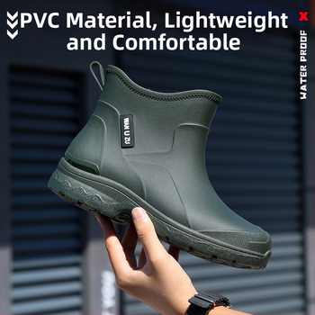 Vīriešu īsas lietus zābaki, PVC augšdaļa, ūdensizturīgi, pretslīdēšana, viegli, plastmasas zole
