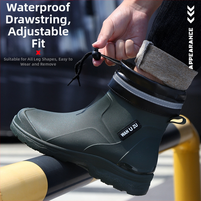 Vīriešu īsas lietus zābaki, PVC augšdaļa, ūdensizturīgi, pretslīdēšana, viegli, plastmasas zole