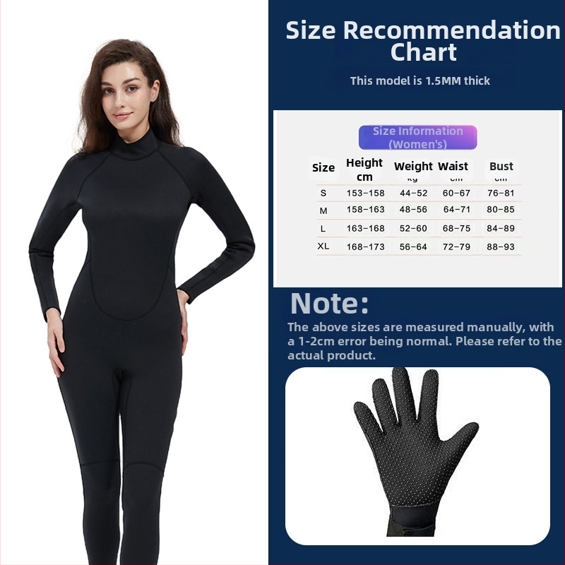 Sieviešu pilnais wetsuits, 1,5 mm, UV aizsardzība, ķīmisko šķiedru maisījums, niršana