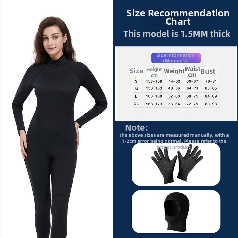 Sieviešu pilnais wetsuits, 1,5 mm, UV aizsardzība, ķīmisko šķiedru maisījums, niršana
