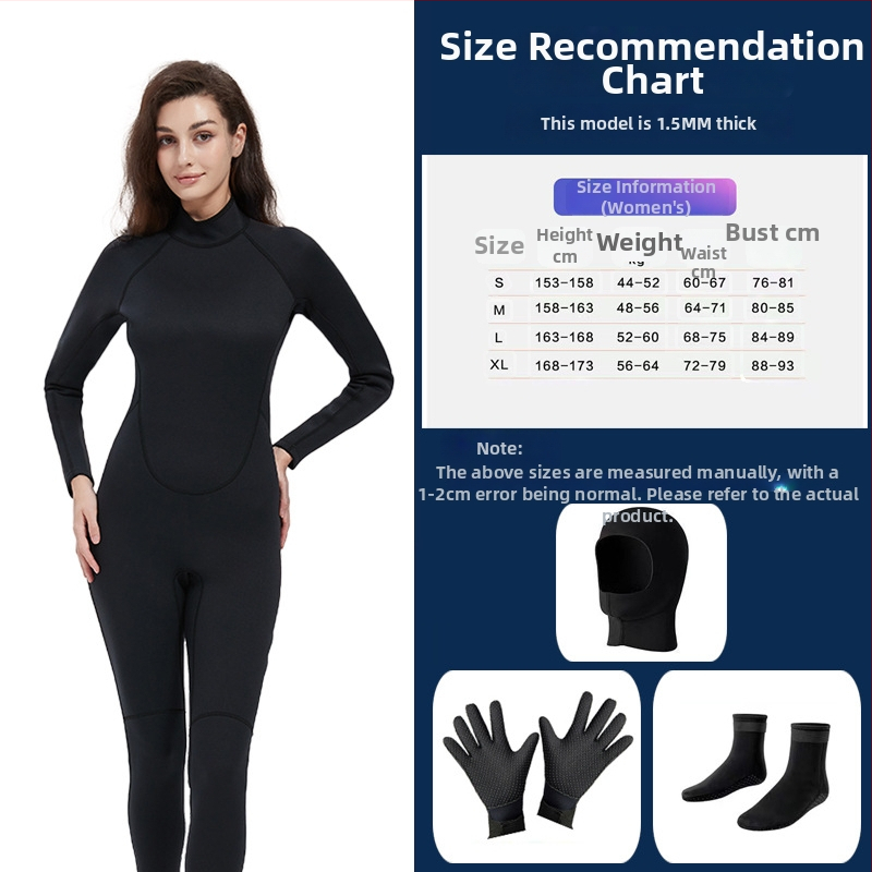 Sieviešu pilnais wetsuits, 1,5 mm, UV aizsardzība, ķīmisko šķiedru maisījums, niršana