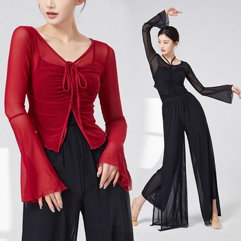 mo'leng Universālais top no Chenille-Spandex tīklu auduma ar trompetes piedurknēm etniskajām dejām, pavasaris 2025