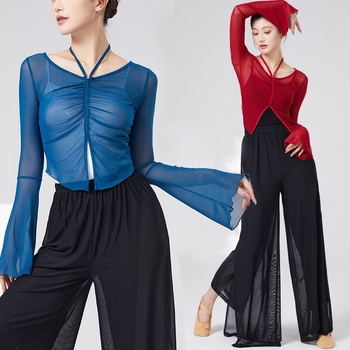 mo'leng Universālais top no Chenille-Spandex tīklu auduma ar trompetes piedurknēm etniskajām dejām, pavasaris 2025