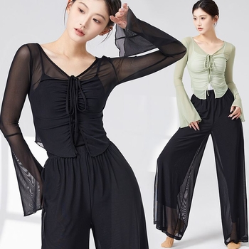 mo'leng Universālais top no Chenille-Spandex tīklu auduma ar trompetes piedurknēm etniskajām dejām, pavasaris 2025