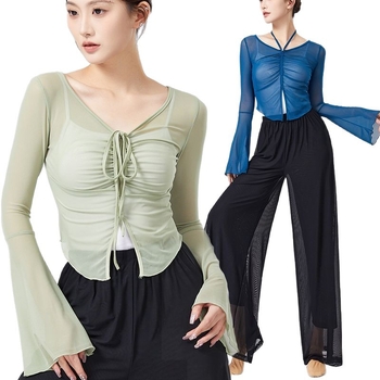 mo'leng Universālais top no Chenille-Spandex tīklu auduma ar trompetes piedurknēm etniskajām dejām, pavasaris 2025