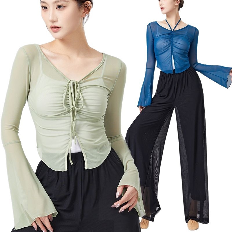 mo'leng Universālais top no Chenille-Spandex tīklu auduma ar trompetes piedurknēm etniskajām dejām, pavasaris 2025