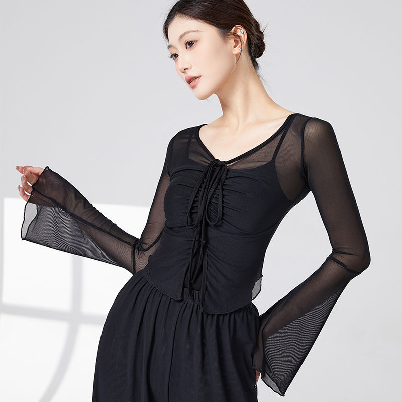 mo'leng Universālais top no Chenille-Spandex tīklu auduma ar trompetes piedurknēm etniskajām dejām, pavasaris 2025