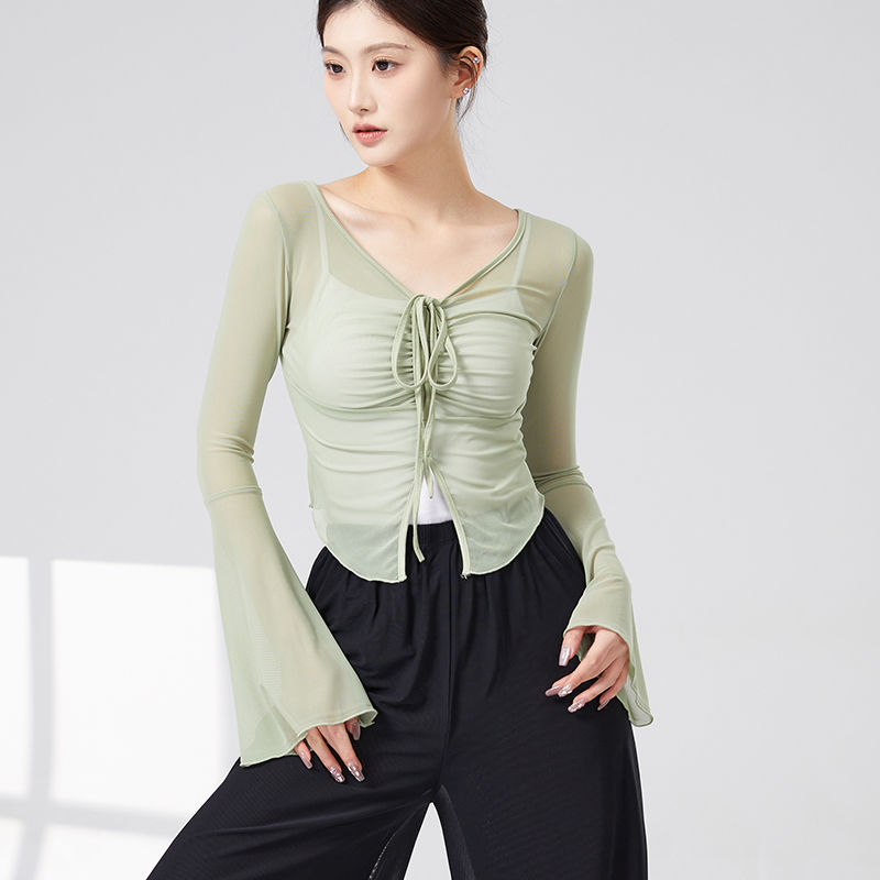 mo'leng Universālais top no Chenille-Spandex tīklu auduma ar trompetes piedurknēm etniskajām dejām, pavasaris 2025