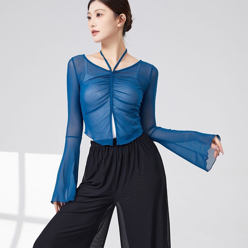 mo'leng Universālais top no Chenille-Spandex tīklu auduma ar trompetes piedurknēm etniskajām dejām, pavasaris 2025