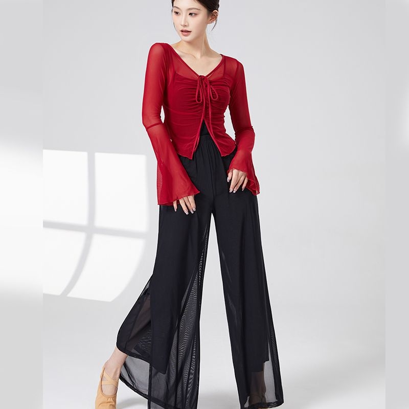 mo'leng Universālais top no Chenille-Spandex tīklu auduma ar trompetes piedurknēm etniskajām dejām, pavasaris 2025