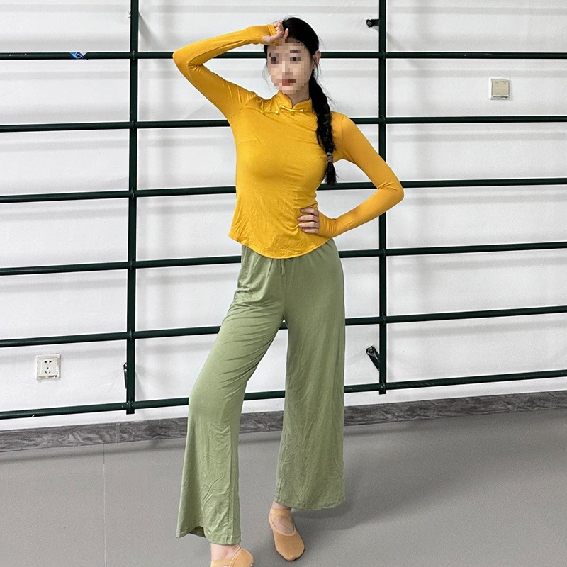 Deju praktikas komplekts - universāls garām piedurknēm top un bikses, Chenille-Spandex audums, 2025 pavasaris, tautas deja