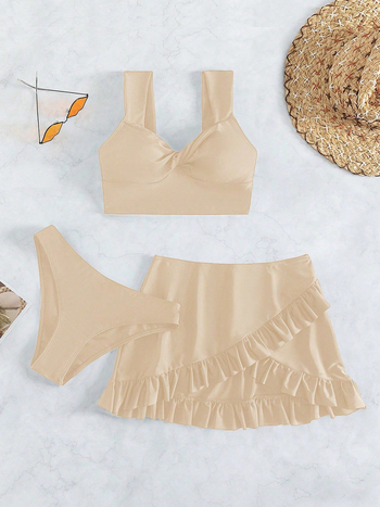 Trodijelni bikini set: napuhani gornji dio bez metalne potpore; suknjasti trokutasti briefs; jednodijelni najlon kupaći s Lycra podstavom