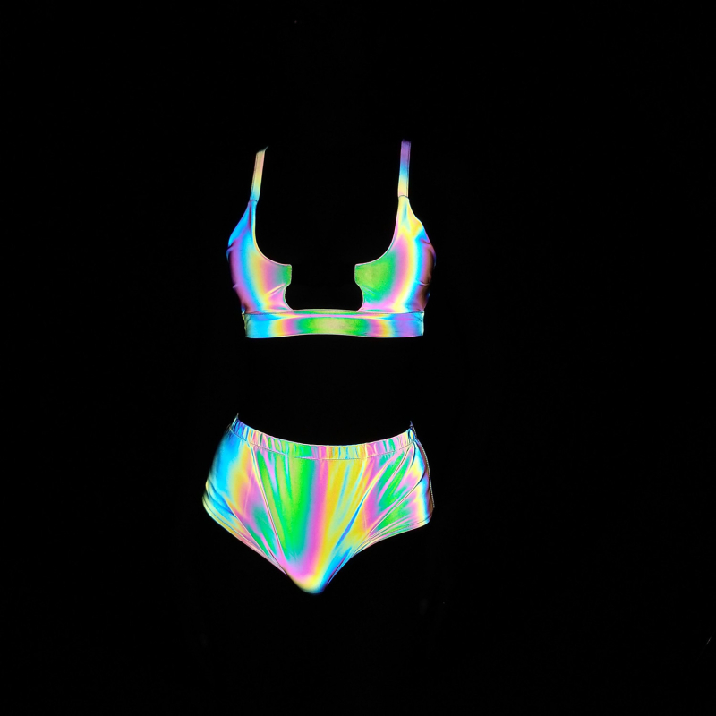 Ženski bikini kostim s reflektirajućim efektom, split dizajn, napuhani grudnjak, visok struk, otvorena leđa, sjajni poliester