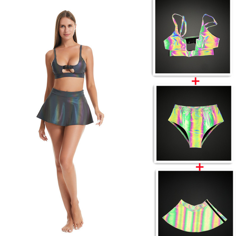 Ženski bikini kostim s reflektirajućim efektom, split dizajn, napuhani grudnjak, visok struk, otvorena leđa, sjajni poliester