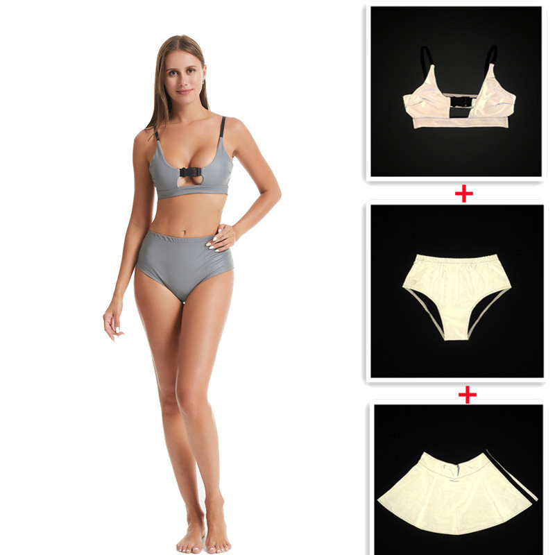 Ženski bikini kostim s reflektirajućim efektom, split dizajn, napuhani grudnjak, visok struk, otvorena leđa, sjajni poliester