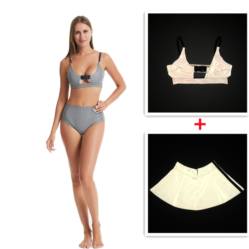 Ženski bikini kostim s reflektirajućim efektom, split dizajn, napuhani grudnjak, visok struk, otvorena leđa, sjajni poliester
