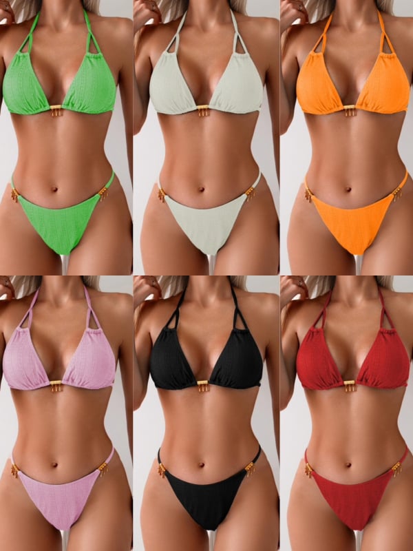 Ženski split bikini kupaći kostim, s podrškom za dojke, bez metalne potpore, seksi jednobojni dizajn, poliester materijal