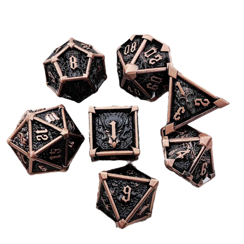 7 kauli no cinka sakausējuma ar noapaļotiem stūriem D&D galda spēlei