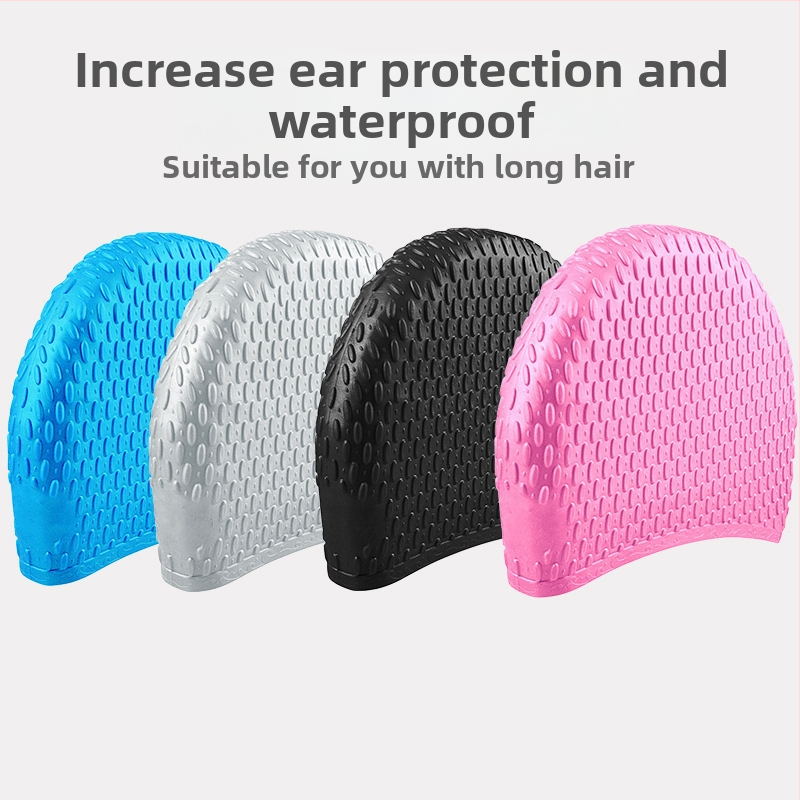 Pieaugušo sieviešu silikona peldcepure ar ūdens pilienu formu, palielināta burbuļu konstrukcija, ultraelastiska, ūdensnecaurlaidīga auss aizsardzība, ilgām matu aizsardzība
