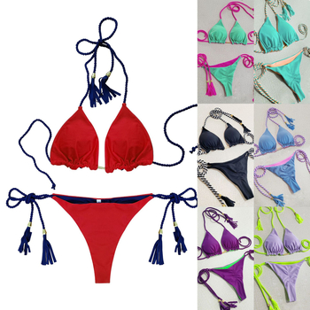 Ženski dvodijelni bikini set s podstavljenim trokutastim gornjim dijelom, bez čelične potpore; materijal najlon 82% s podstavom najlona; gaćice briefs; za plivanje