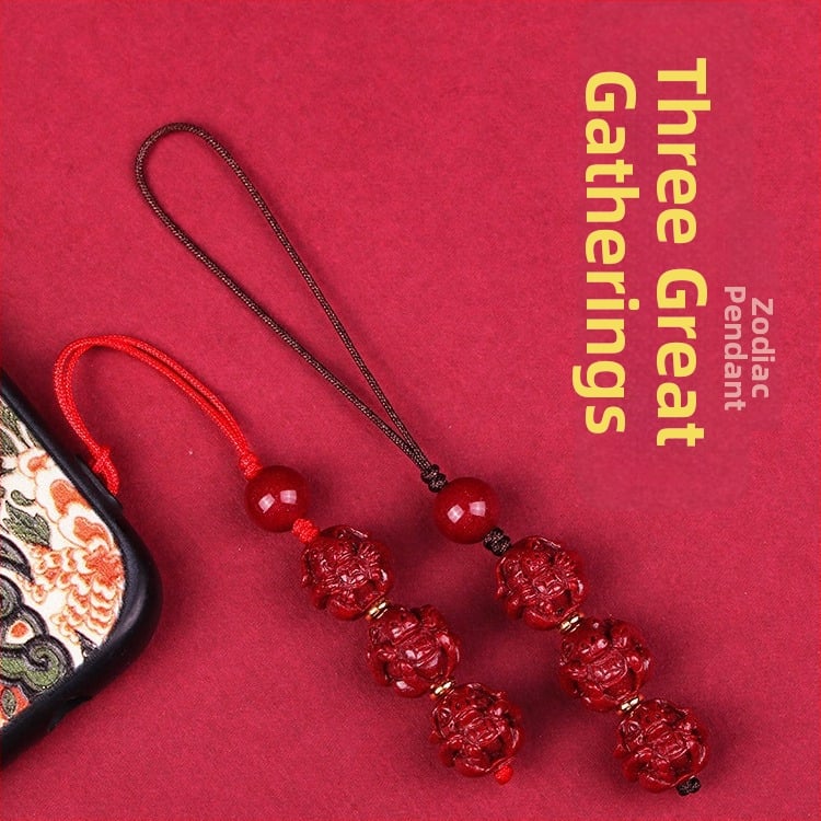 Telefona ķēdes piekariņš ar cinnabāra zodiaka motīvu, gravēts, ķīniešu literāri retro stila, 2023. gada rudens