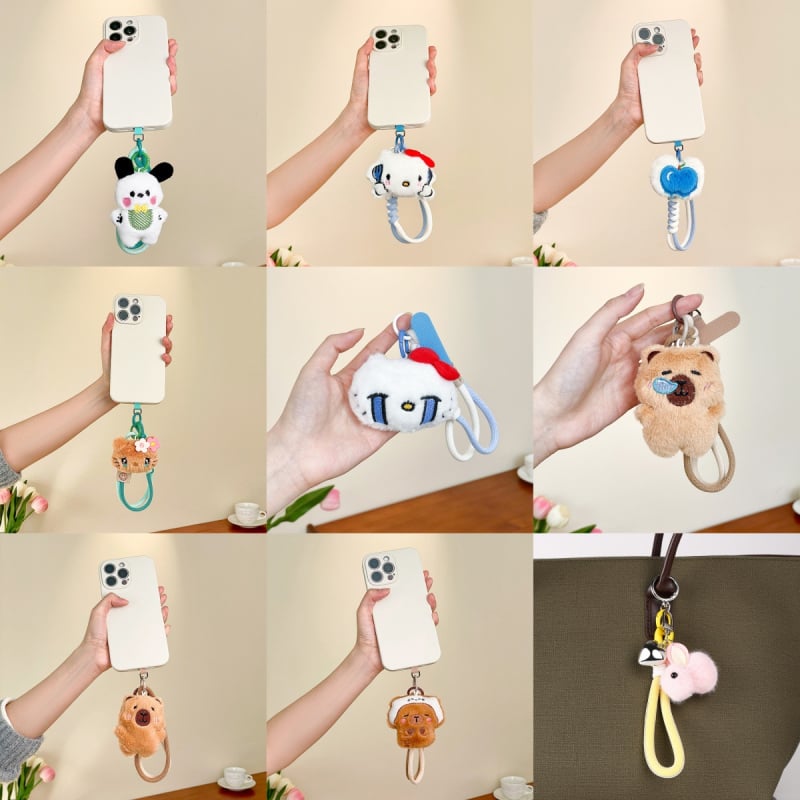 Plīša kaķēna piekariņš telefonam, roku darbs, animācijas motīvs, aksesuārs ziemas 2025 izlaidumam