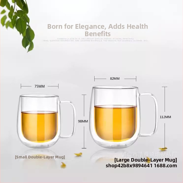 Dviejų sienelių borosilikatinio stiklo puodelis su rankena, atsparus temperatūrai, rankų darbo