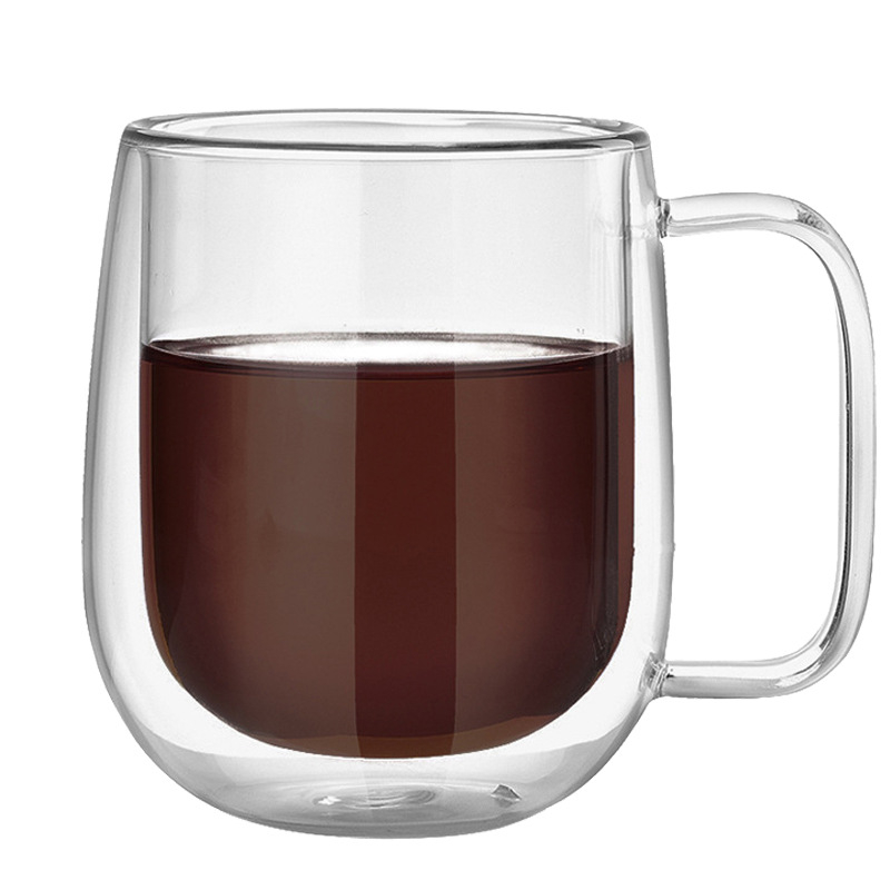 Dviejų sienelių borosilikatinio stiklo puodelis su rankena, atsparus temperatūrai, rankų darbo