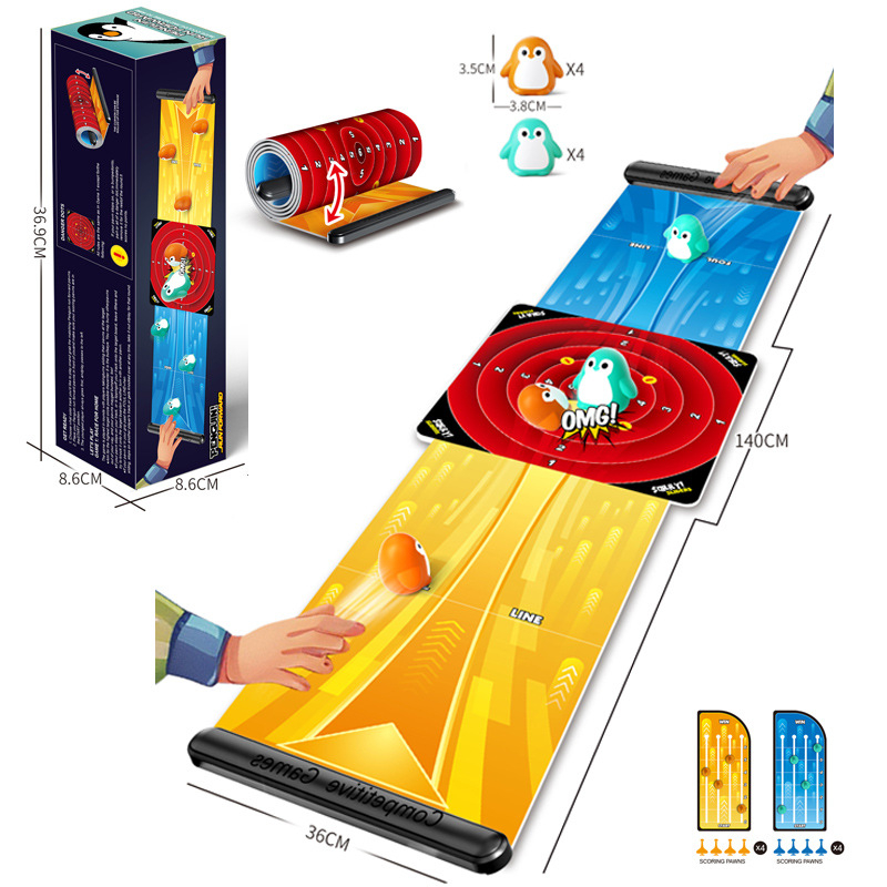 Švietėjiška stalinė žaidimų lenta — futbolas, boulingas ir curling, plastikinė konstrukcija, tėvų-vaikų sąveika, skirta 4–14 metų vaikams