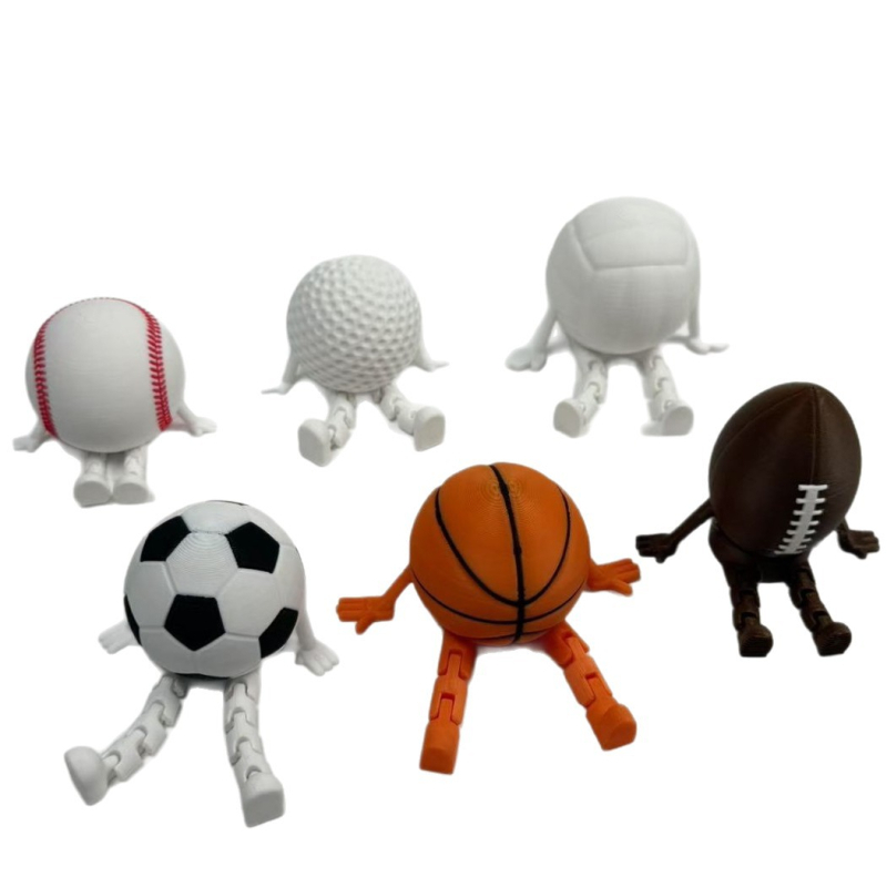 Sėdinti figūrėlė kaip papuošalas su šešiais sportais: futbolas, krepšinis, regbis, golfas, beisbolas, tinklinis • 3D spausdinimas PLA • Šiuolaikinio meno stilius
