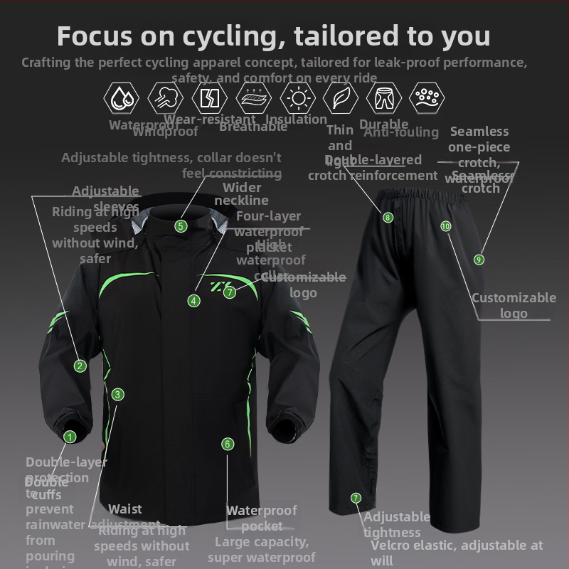 Rozdelený dážďový set pre jazdu na motocykli/elektrickom bicykli s reflexným dizajnom, nohavice proti dažďu pre dospelých, tkanina Chunya Spinning, PVC povrch