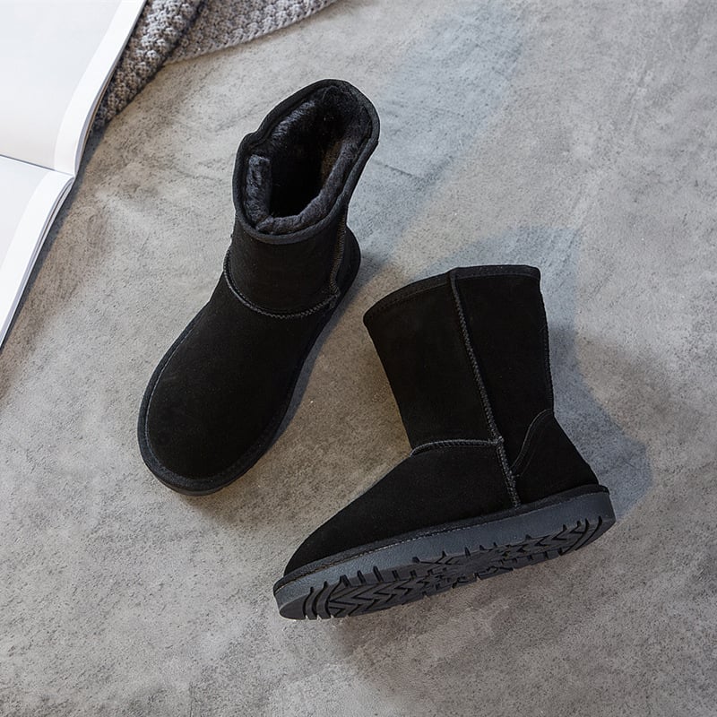 Unisex žieminiai sniego batai, viršutinė dalis – veršienos oda, vidutinio ilgio blauzdos, TPR padas, vidinė pūkų apdaila, dirbtinės vilnos įdėklas