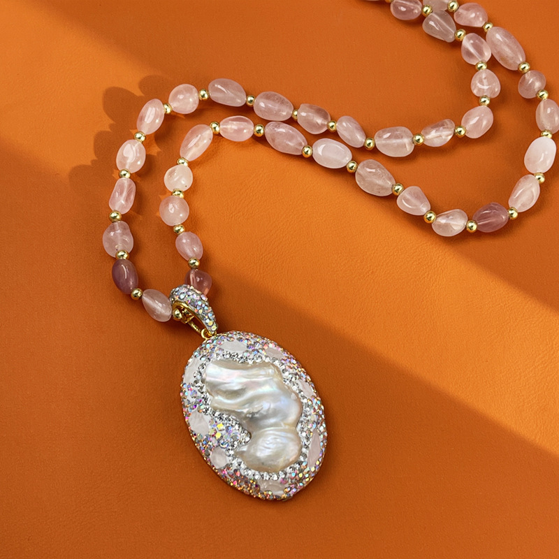Ogrlica s prirodnim baroknim biserom i turmalinom, bakrena kuglična lančana, privjesak od majčine biserne školjke, geometijski dizajn u korejskom stilu