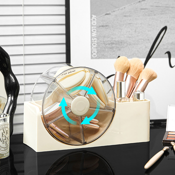 Kutija za kozmetiku s rotirajućim organizatorom za toaletni stol – od plastike, modernan minimalistički stil, otporna na prašinu