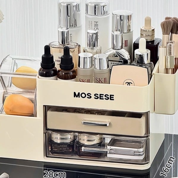 Kutija za kozmetiku s rotirajućim organizatorom za toaletni stol – od plastike, modernan minimalistički stil, otporna na prašinu