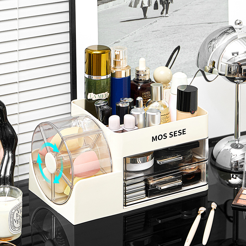 Kutija za kozmetiku s rotirajućim organizatorom za toaletni stol – od plastike, modernan minimalistički stil, otporna na prašinu