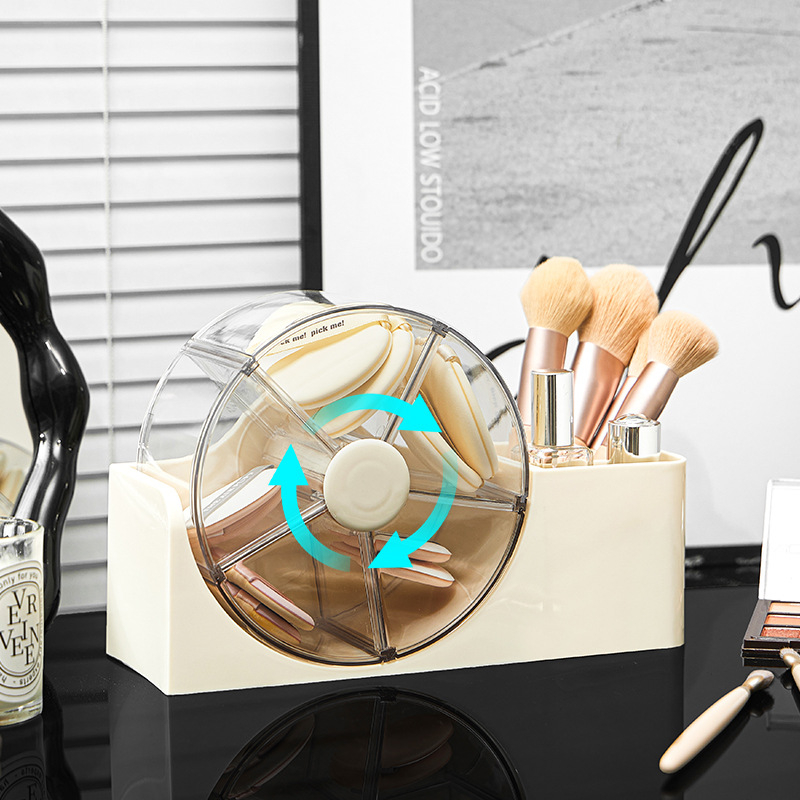 Kutija za kozmetiku s rotirajućim organizatorom za toaletni stol – od plastike, modernan minimalistički stil, otporna na prašinu